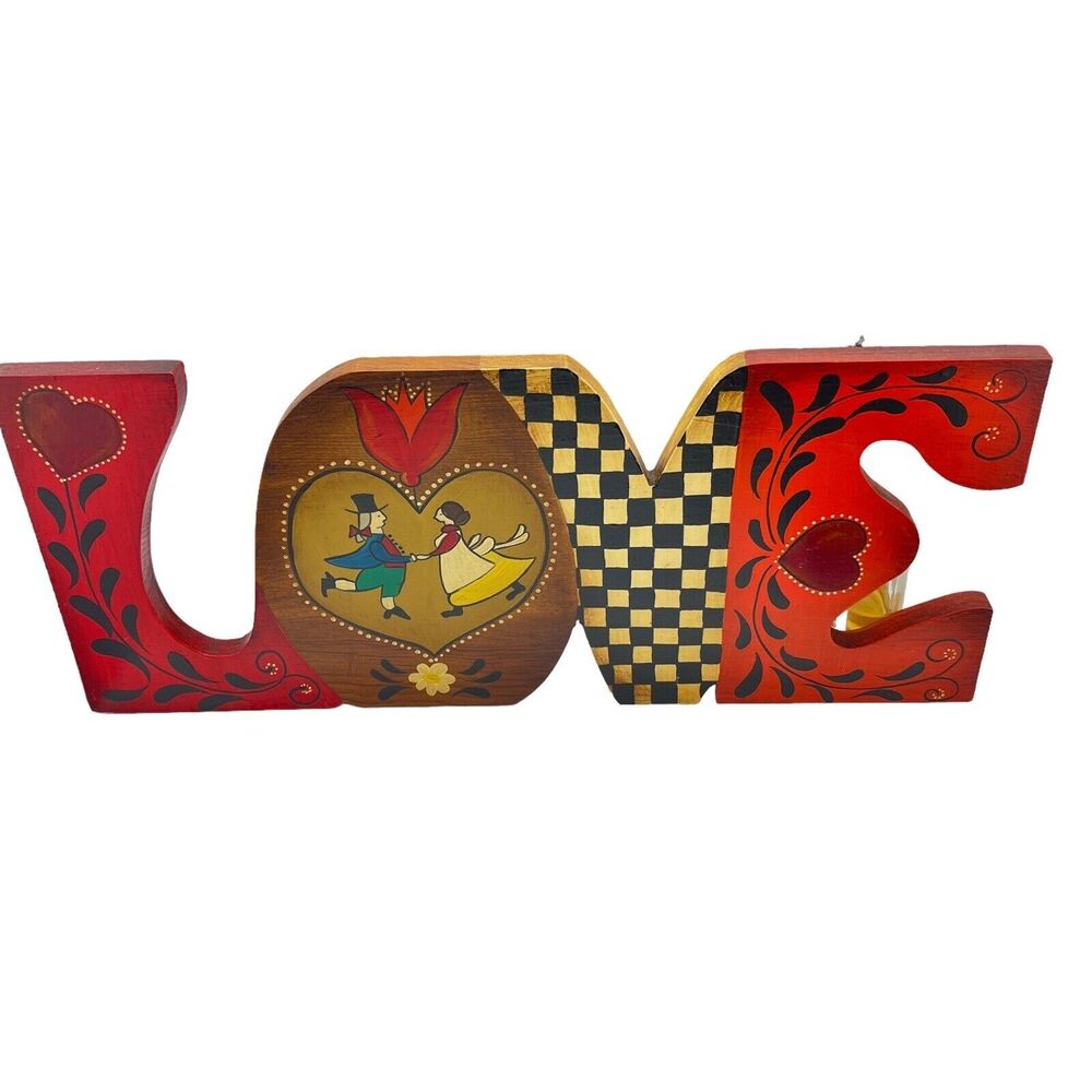Love Folk Art Wall Hanging Vintage Wood Tole Hand Painted 1981 by Sari Repaired